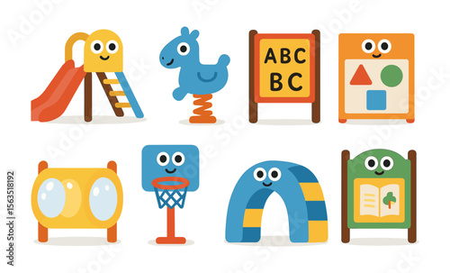 Colorful playful playground equipment icons for kids' education and entertainment