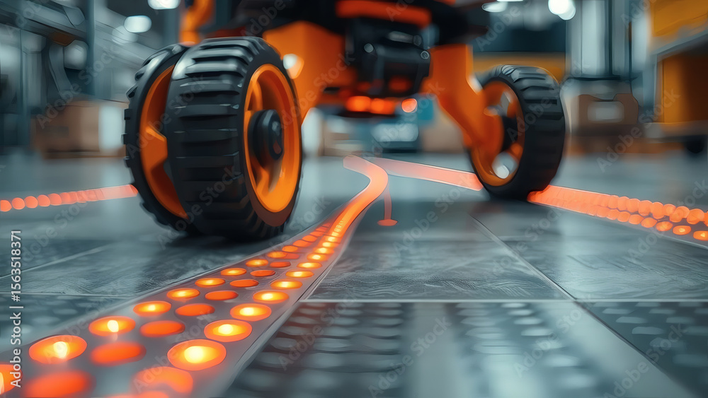 Fototapeta premium Autonomous guided vehicle navigates a warehouse following a glowing path, showcasing automated industrial technology and advanced logistics solutions for modern business efficiency.