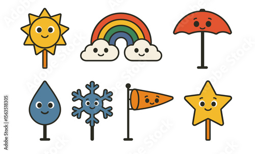 Whimsical weather icons featuring sun, rainbow, umbrella, raindrop, and star