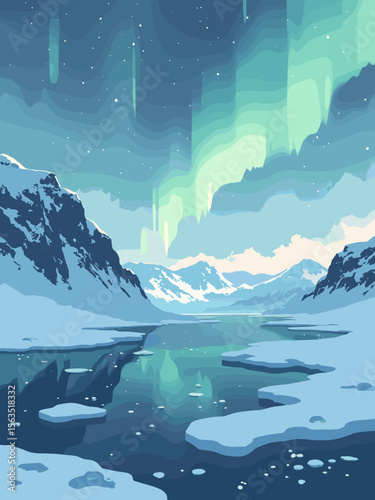 Svalbard Icefjord frozen landscape in glacier blue, snow white, ice gray, and northern light greenish glow