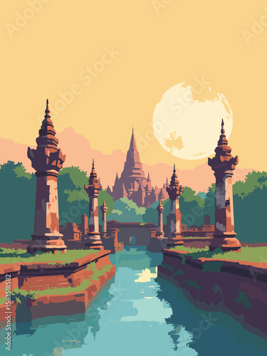 Ayutthaya Historical Park ruins in temple brick red, moss green, water blue moat, and sunset yellow haze