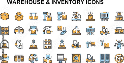 Collection of warehouse and inventory icons depicting logistics tasks
