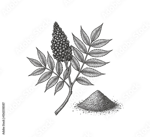 Staghorn Sumac botanical illustration with leaves, berries, and powder detail drawing