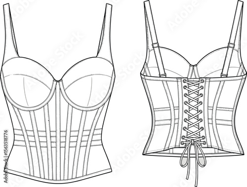 Elegant women's corset top technical fashion drawing, front and back view, adjustable straps, lace-up back, structured boning, vector art