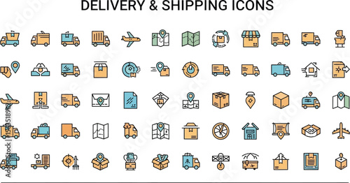 Delivery and shipping icons arranged in rows on a white background
