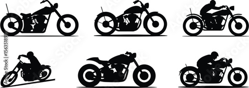 A collection of custom chopper and cafe racer motorcycle silhouette vector icons, some with riders in racing positions.