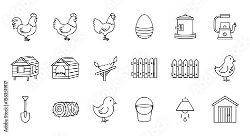 Outline Icon Set of Backyard Chicken Coop Elements, Thin Line Style