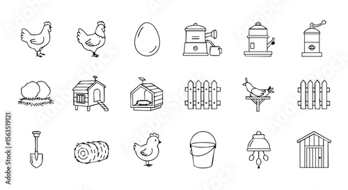 Outline Icon Set of Backyard Chicken Coop Elements, Thin Line Style