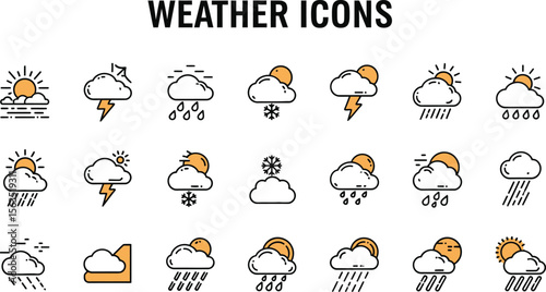 Various weather condition icons including sun rain snow and lightning