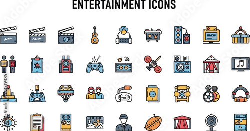 Illustration of entertainment icons arranged in a grid on white background