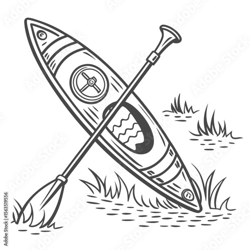 Kayak and paddle resting on grassy shore watercraft boat
