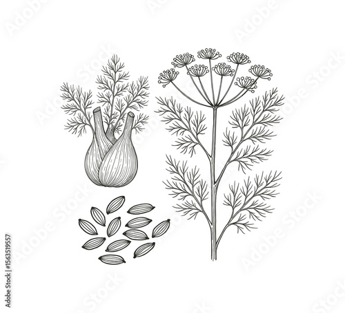 Elegant Fennel Plant: Detailed Botanical Illustration of Bulb, Flower, and Seeds Set