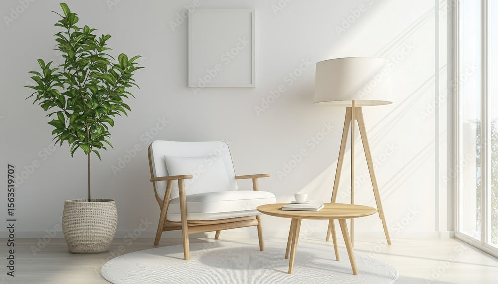 Fototapeta premium Stylish Living Room Featuring White Chair, Coffee Table, And Floor Lamp With Plant, Wood Furniture, And White Wall Decor Rendered.
