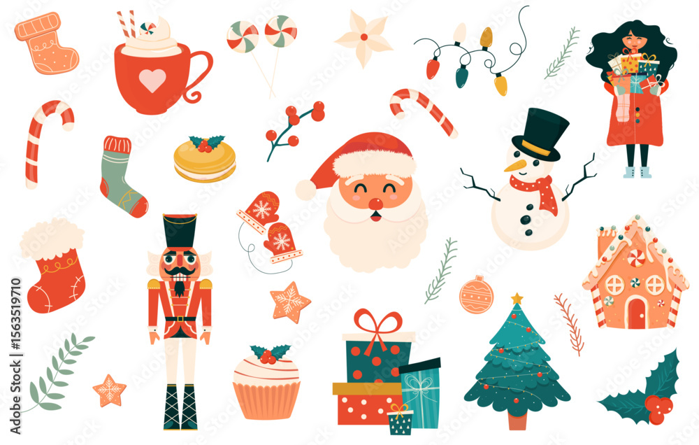 Fototapeta premium Christmas decorative elements with Santa Claus, nutcracker, gift boxes and many others.