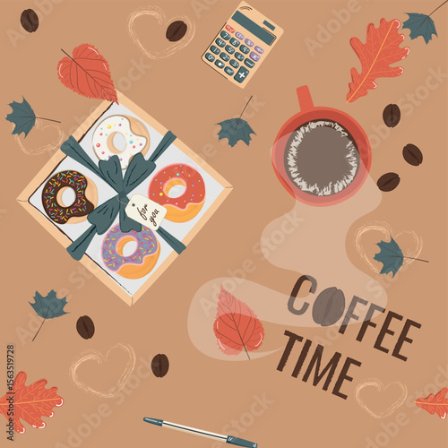 Coffee pattern. Vector image with hot coffee with steam, sweets, autumn leaves and the inscription Coffe time

