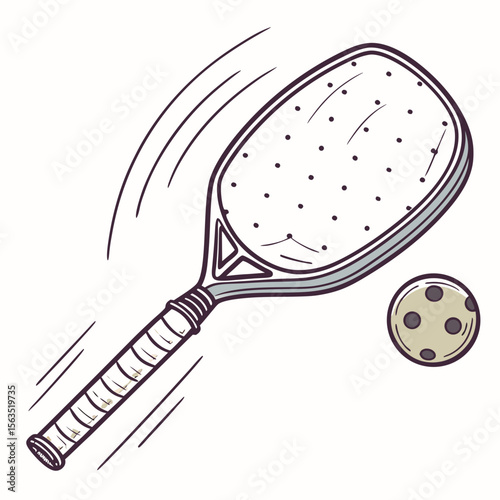 Pickleball paddle striking a ball with motion lines sport game