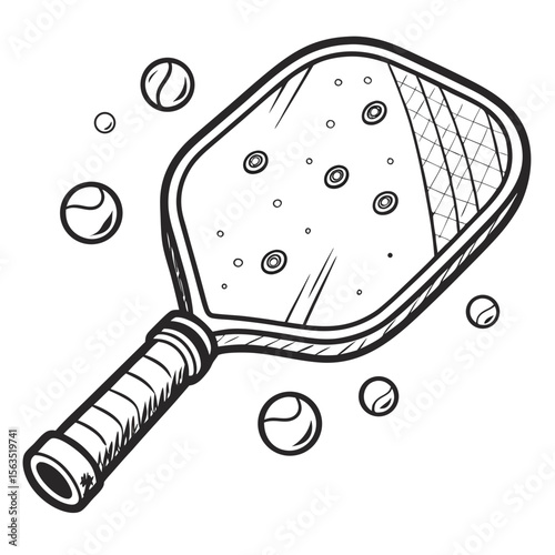 Pickleball paddle with balls and sweat drops sport