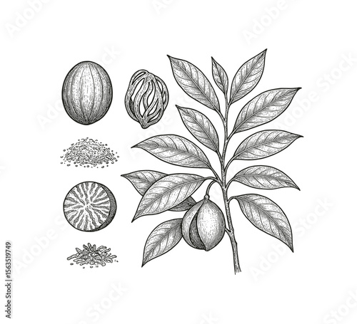 Elegant Nutmeg Botanical Illustration: Detailed Vintage Engraving of Nutmeg Plant Parts