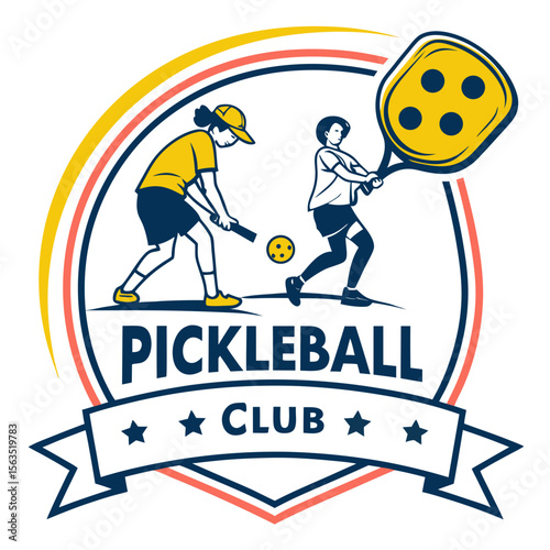 Pickleball players hitting ball with paddles and club text sport game