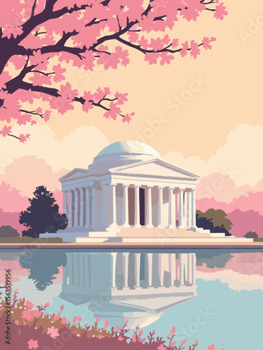 Jefferson Memorial by Tidal Basin with cherry blossoms in white marble, blossom pink, water reflection gray-blue, and sky orange