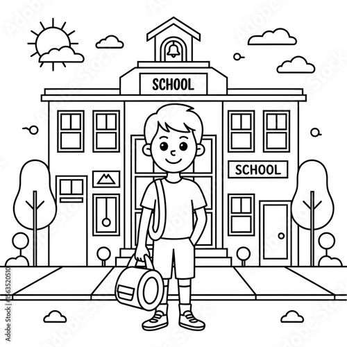 A boy is standing in front of the school with a bag of a coloring page
