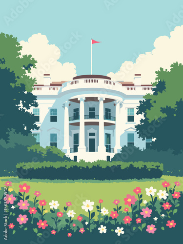 White House with blooming garden foreground in colonial white, window black trim, hedge green, and sky soft blue