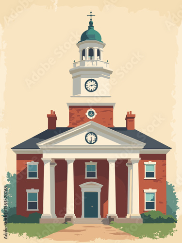 Independence Hall brick facade in colonial red, white trim, clock green, and historic parchment background