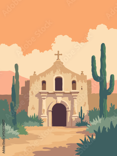 Alamo Mission’s adobe walls in warm tan stucco, wooden brown beams, cactus green accents, and desert orange sky