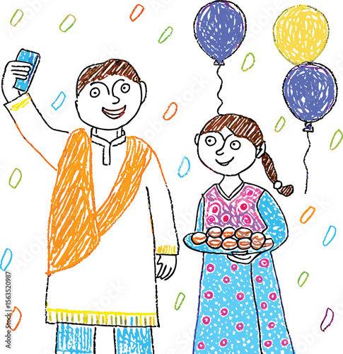 Childlike Drawing of Celebration with Balloons Sweets and Traditional Indian Clothing