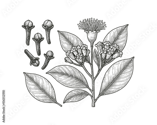 Detailed botanical illustration of Clove plant with buds, flowers and leaves, ink drawing