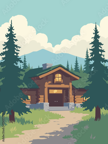 Old Faithful Inn rustic lodge style in timber brown logs, stone gray base, pine green trees, and sky cloudy white