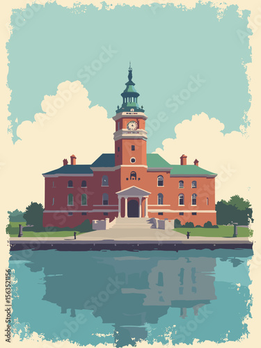 Ellis Island Immigration Station in red brick, statue green roof, water reflection blue, and faded archival tones