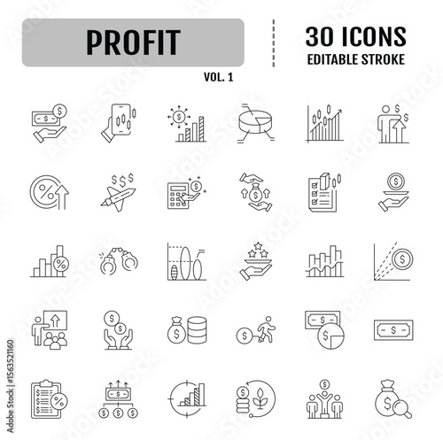 Profit line editable icon set. Money income, money savings, earnings, money, cash, investment, financial growth and more. Vector illustration