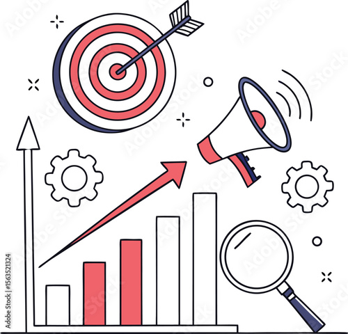  megaphone, speech bubbles, thumbs up, hashtag, paper plane, representing social media marketing