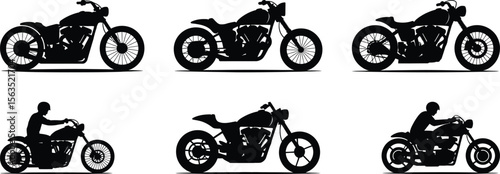 A varied set of custom motorcycle silhouette vector icons, featuring choppers and cafe racers with and without riders.
