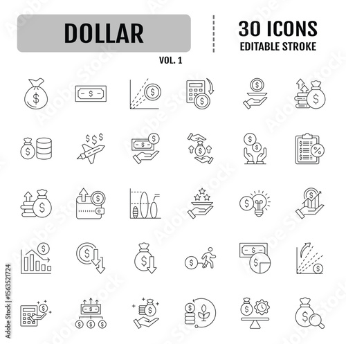 Dollar line editable icon set. Money, wallet, payment, bank, fund, earnings, income, currency, business and more. Vector illustration