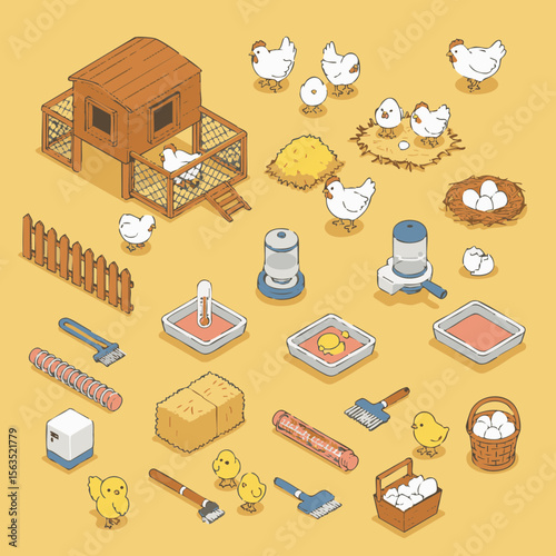 Isometric Icon Set of Backyard Chicken Tools and Coop in 3D Style