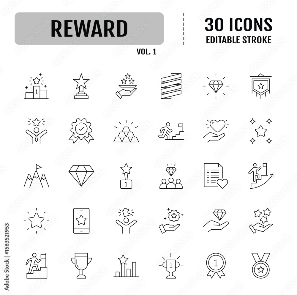 Fototapeta premium Reward icon set. Containing award, prize, medal, gift, trophy, achievement, certificate and more. Vector illustration