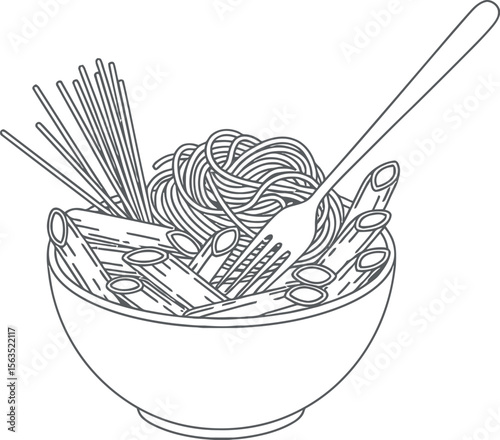 Assortment of Pasta in Bowl with Fork Line Art Vector Illustration
