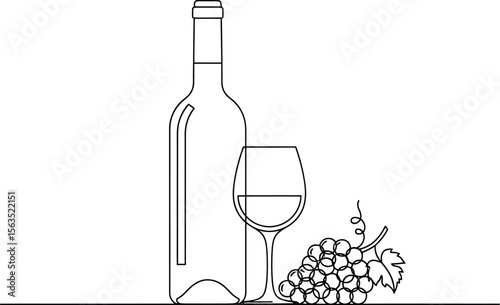 Simple Outline Wine Bottle, Glass, and Grapes Illustration