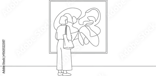 Minimalist Line Art: Woman Viewing Abstract Painting at Art Gallery