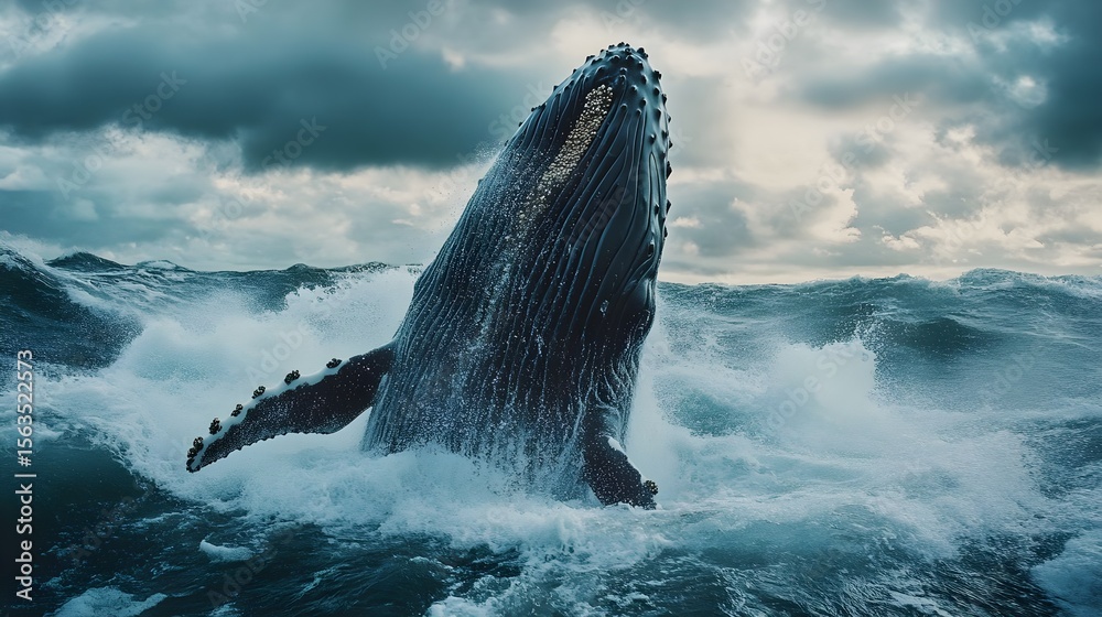 Obraz premium Majestic Humpback Whale Breaching Ocean Waves Dramatic Cloudy Sky Wildlife Scene
