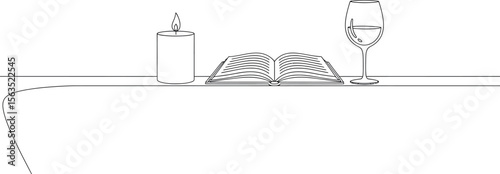 Minimalist Bathtub Relaxation: Candle, Book & Wine Line Art Illustration