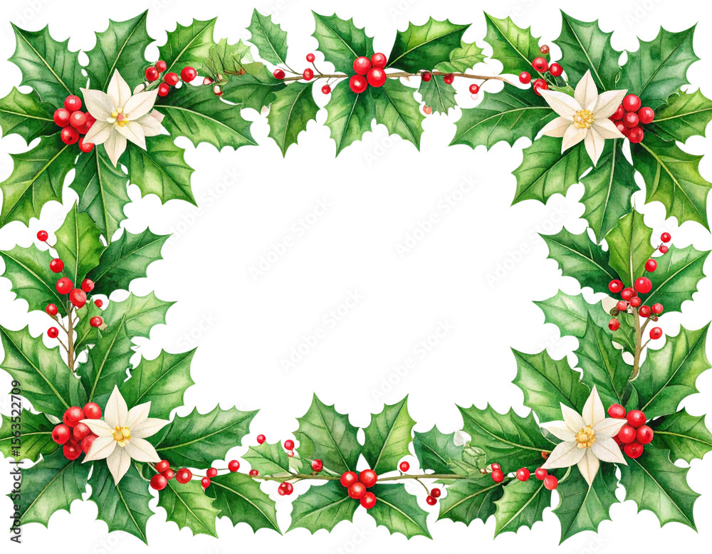 Fototapeta premium Vintage Watercolor Holly Blossom Frame with Leaves, Isolated transparent PNG.