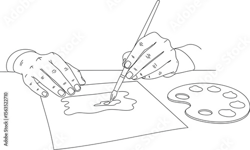 Creative Hands Painting Line Art Illustration with Brush and Palette