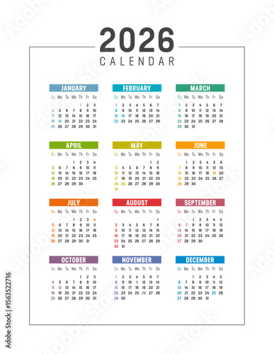 Year 2026 vertical calendar, colorful USA planner, white background english language