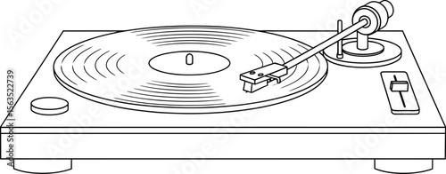 Retro Turntable with Vinyl Record Line Art Illustration