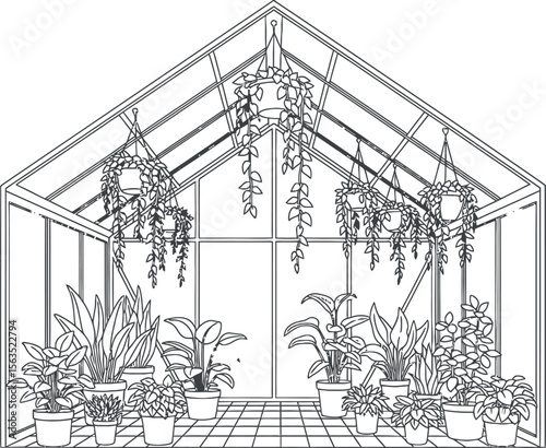 Greenhouse Interior Line Art Illustration with Potted and Hanging Plants - Vector Outline for Gardening & Botany