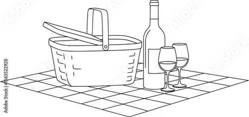 Classic Picnic Scene Line Art: Basket, Wine, and Glasses on Checkered Blanket