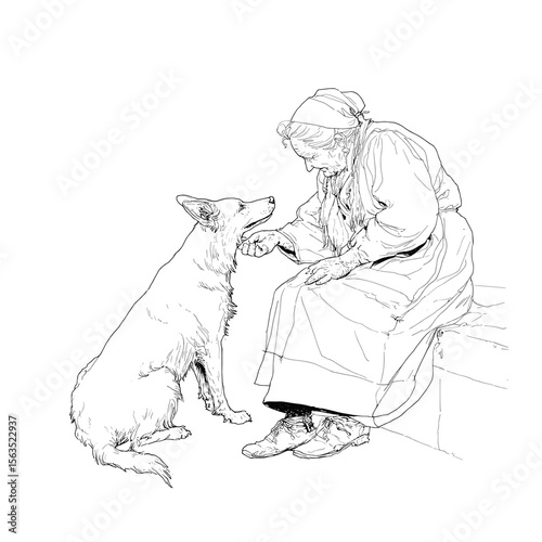 vector grandmother feeding dog black lines on white background .Generative AI